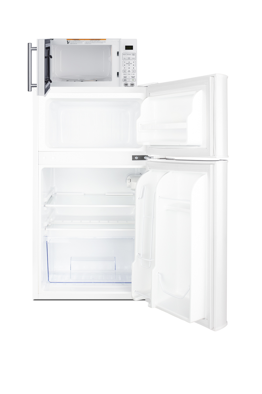 2-door refrigerator-freezer and compact microwave in white with allocator and USB ports for 1-plug operation; ships in three boxes on one pallet